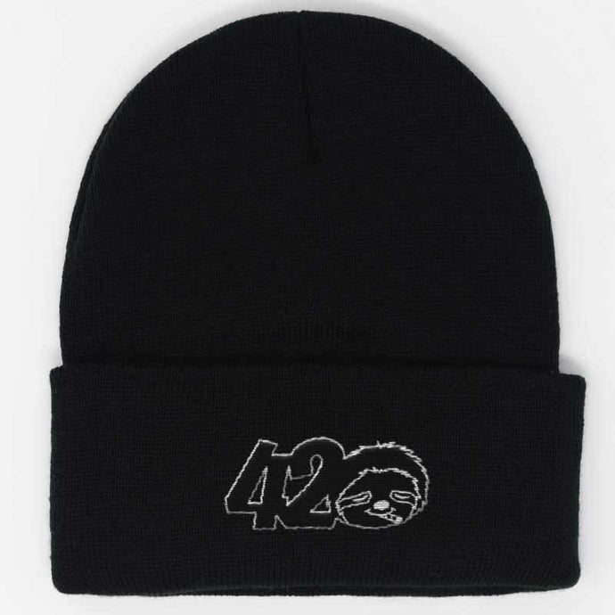 embroidered black beanie with a 420 design featuring a sloth in place of the zero 