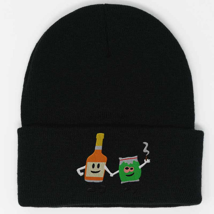 alcohol bottle holding hands with a weed bag embroidered on a black beanie