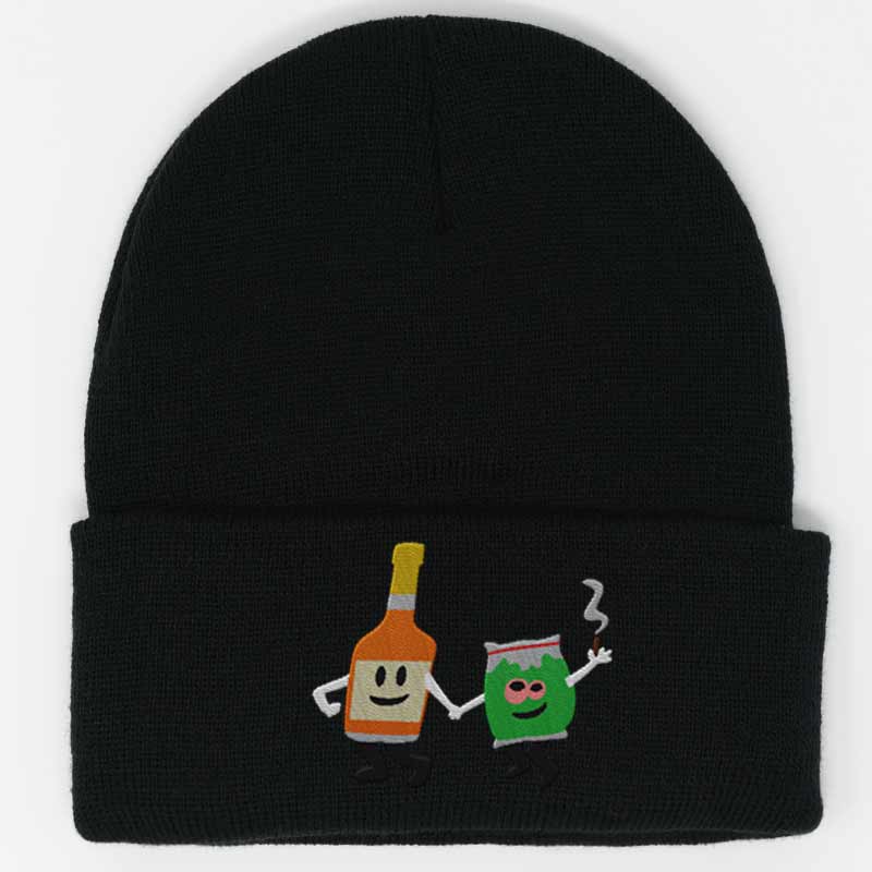 Load image into Gallery viewer, alcohol bottle holding hands with a weed bag embroidered on a black beanie
