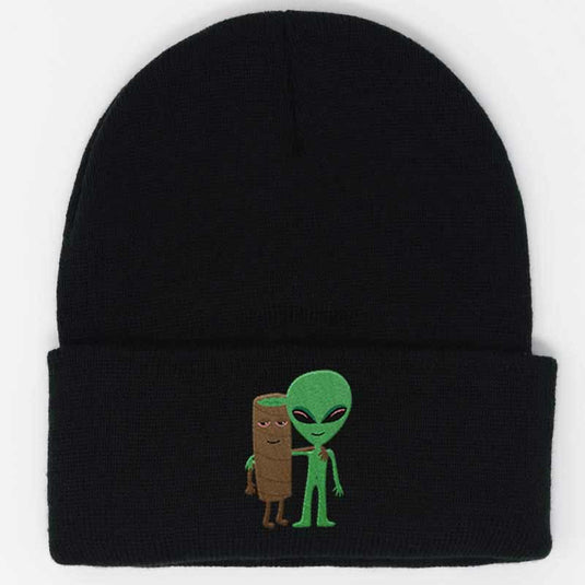 blunt hugging an alien embroidered on a black beanie