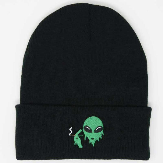 green drip alien smoking a blunt embroidered onto a black beanie