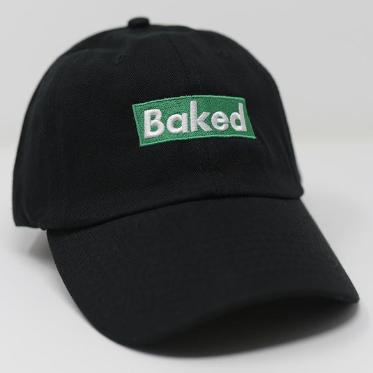 side view of baked black hat