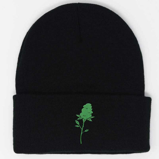 bud rose embroidered on a black beanie