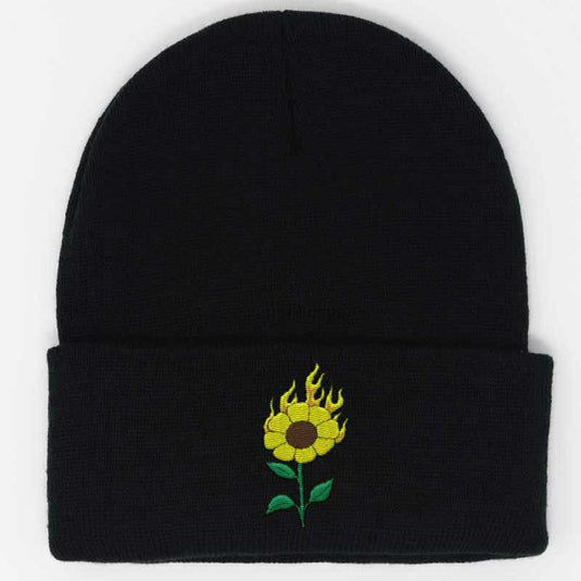 burning sunflower embroidered on a black beanie