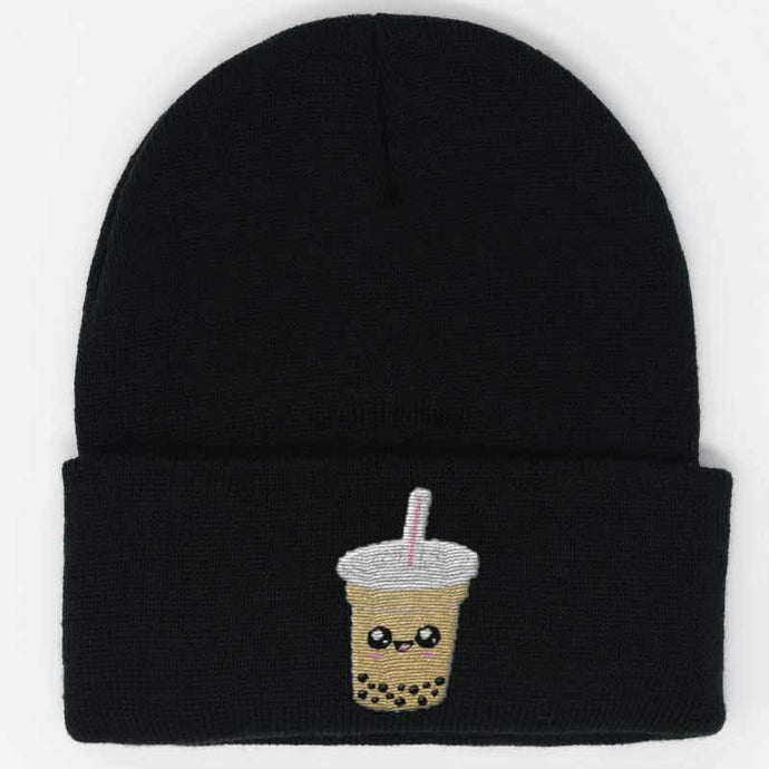 cute boba embroidered on a black beanie