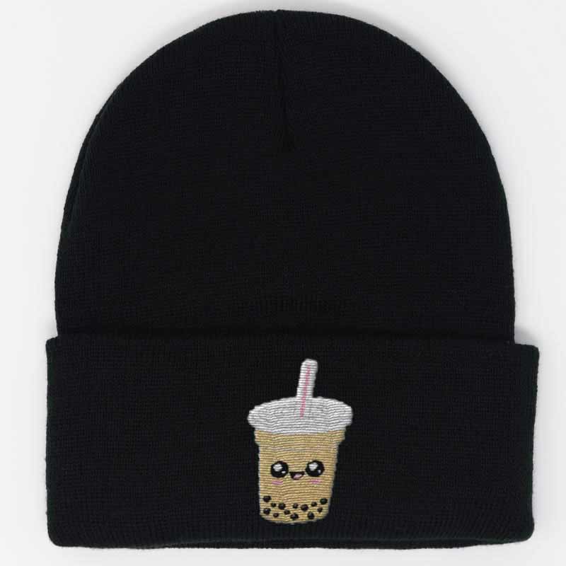 Load image into Gallery viewer, cute boba embroidered on a black beanie
