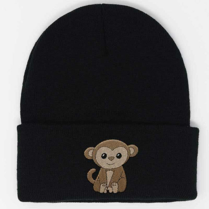 cute baby monkey embroidered on a black beanie