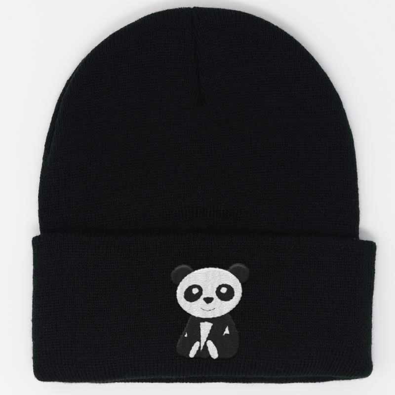 Load image into Gallery viewer, cute baby panda embroidered on a black beanie
