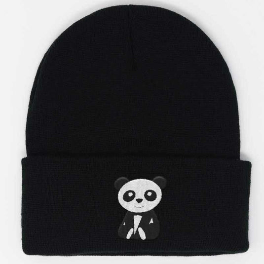 cute baby panda embroidered on a black beanie
