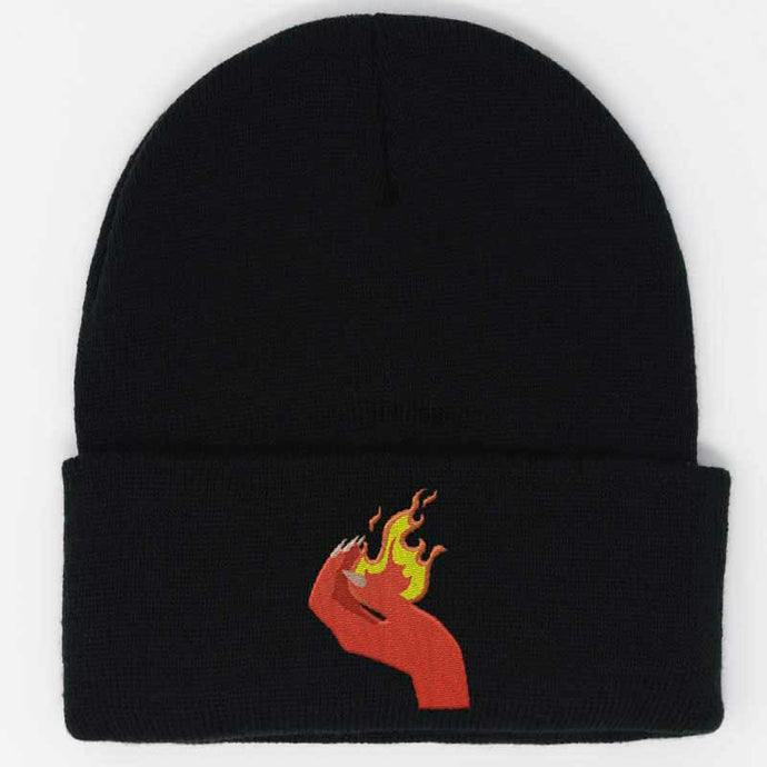 embroidered demon hands with fire on its palm beanie