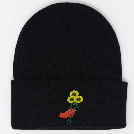 red demon hands holding sunflowers embroidered on a black beanie