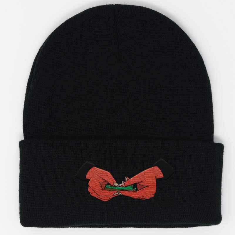 Load image into Gallery viewer, red demon hands rolling up a blunt embroidered onto black beanie
