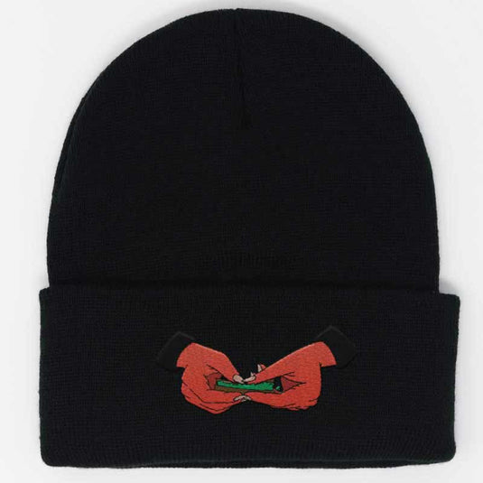 red demon hands rolling up a blunt embroidered onto black beanie