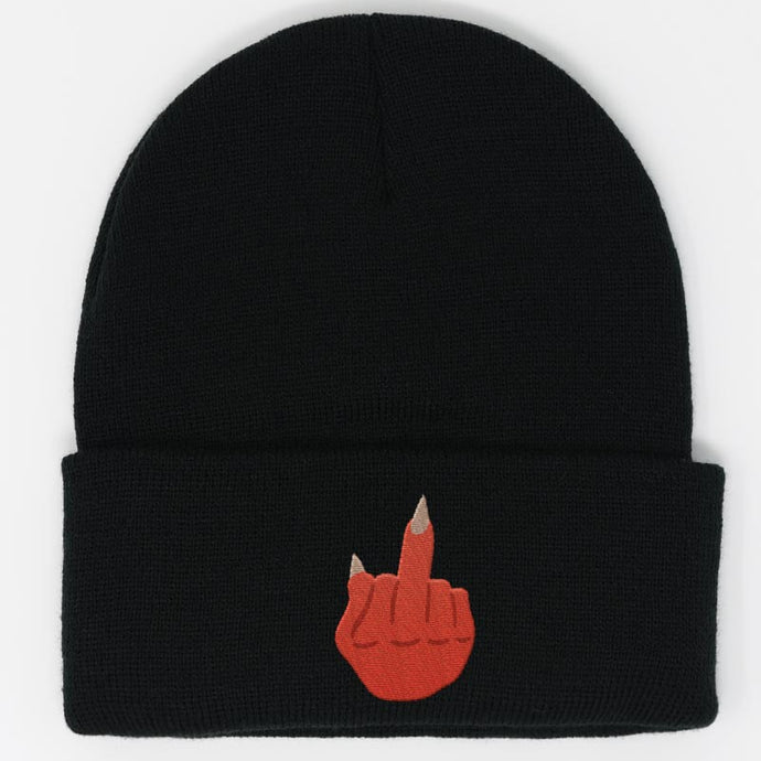 red demon middle finger embroidered on a black beanie