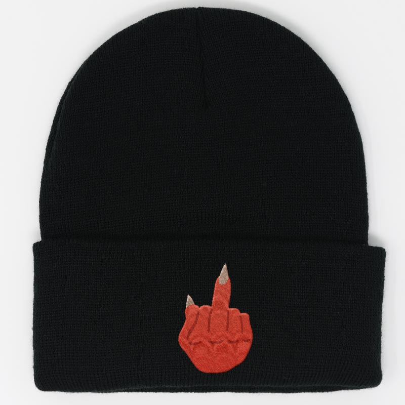 Load image into Gallery viewer, red demon middle finger embroidered on a black beanie
