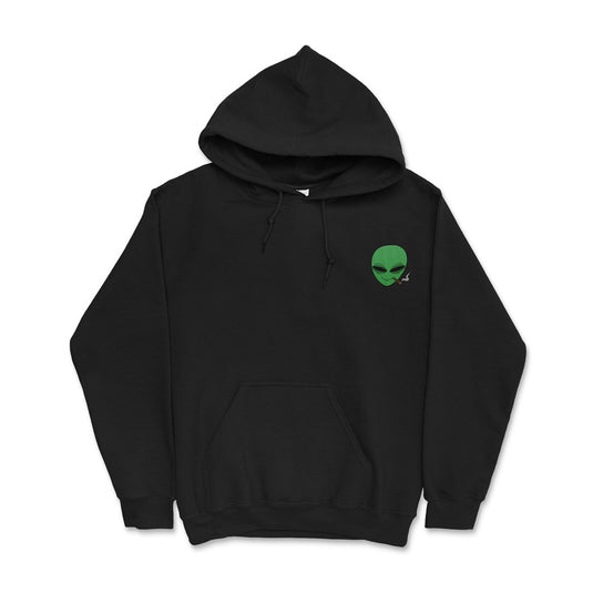 green alien smoking a blunt embroidered hoodie