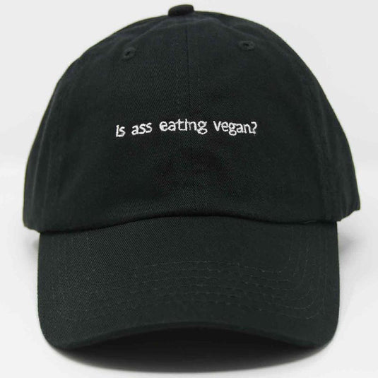 front view of is ass eating vegan black hat