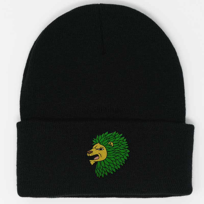 Load image into Gallery viewer, embroidered lion weed design on a black beanie
