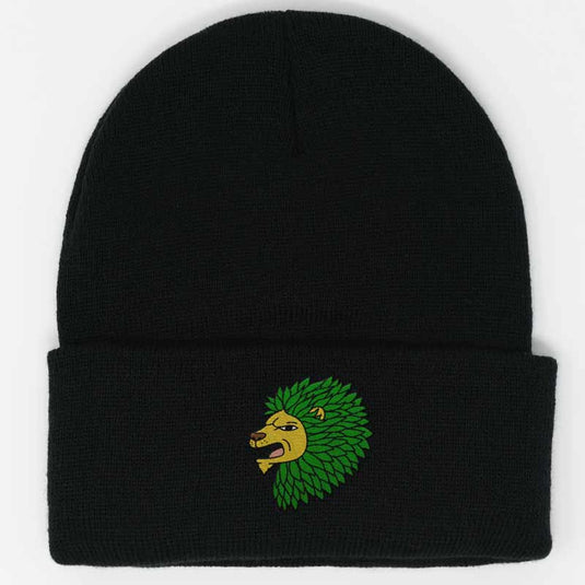 embroidered lion weed design on a black beanie