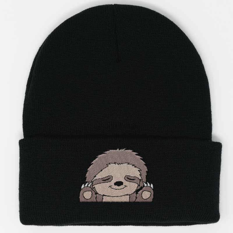Load image into Gallery viewer, sloth design embroidered on a black beanie
