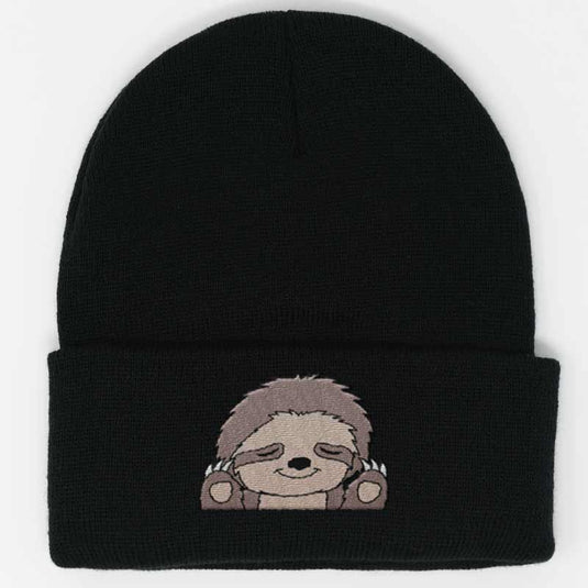 sloth design embroidered on a black beanie