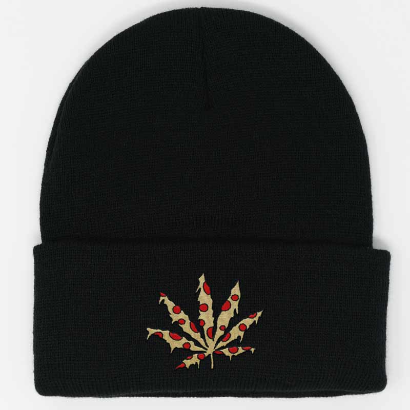 Load image into Gallery viewer, weed leaf with pizza print embroidered on a black beanie
