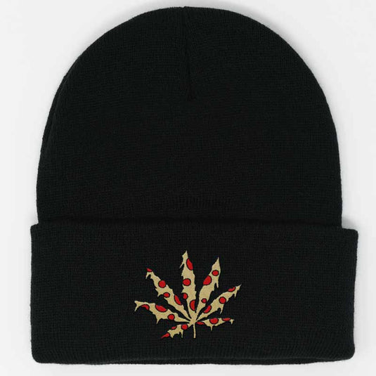 weed leaf with pizza print embroidered on a black beanie