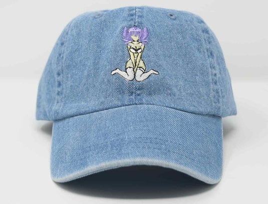 sexy hentai anime girl wearing white underwear purple hair embroidered blue denim hat