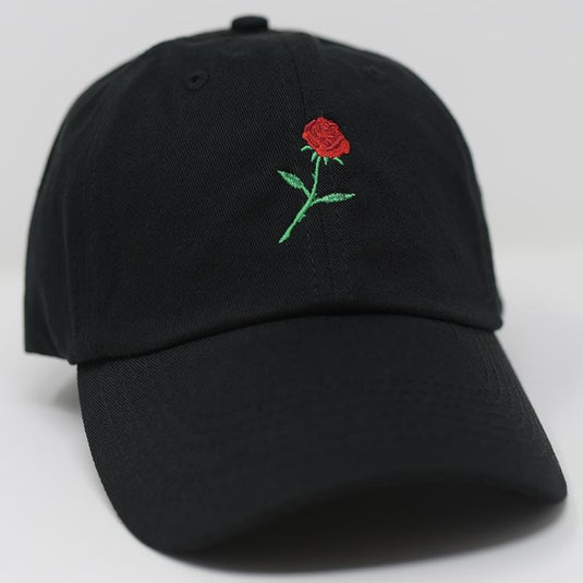 side view of red rose hat