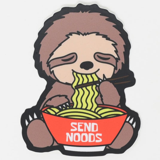 sloth eating noodles from a bowl that says send noods