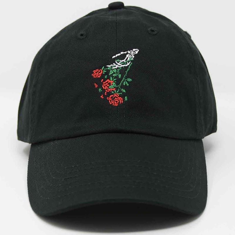 Load image into Gallery viewer, embroidered skeleton hand with roses falling hat front view
