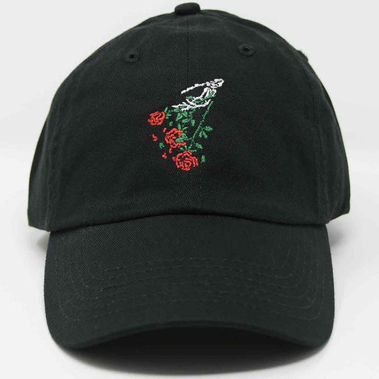 embroidered skeleton hand with roses falling hat front view