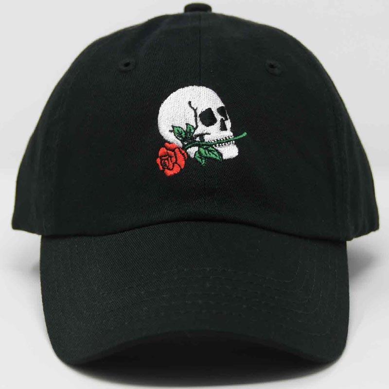 Load image into Gallery viewer, skull with red rose in mouth black hat
